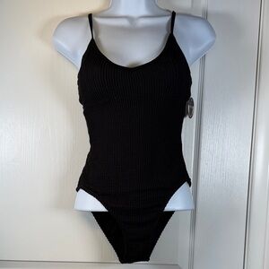 No Boundaries Ribbed Ruched High Leg Black Swimsuit Size Small NWT #5735